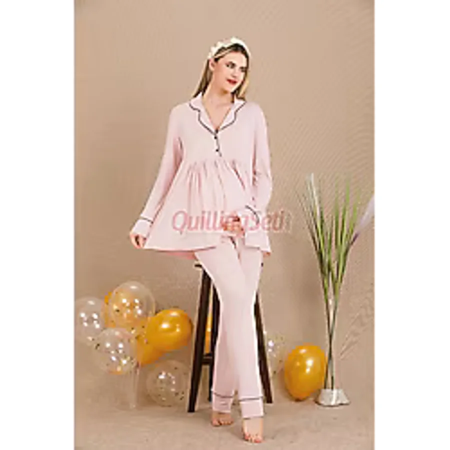 Quilling Pudra Renkli Ve Derin Patlı Lady 3301 Kısa Kol Sabahlıklı Hamile Pijama Takımı