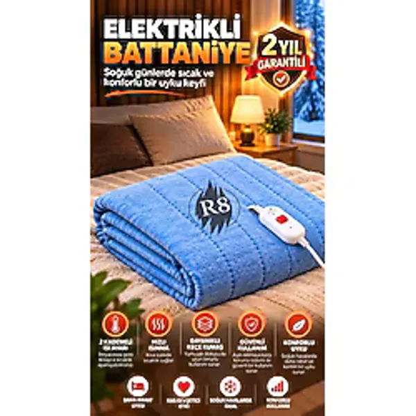 R8 Çift Kişilik Elektrikli Battaniye 2 Kademeli Isı Ayarlı Aşırı Isınma Korumalı Çok Renkli