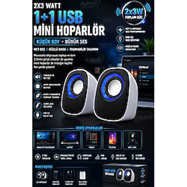 Rabelix Online Marketing 2x3W Mini 1+1 USB Hoparlör Speaker 3.5mm Stereo Girişli Bilgisayar Laptop Masaüstü Hoparlörü