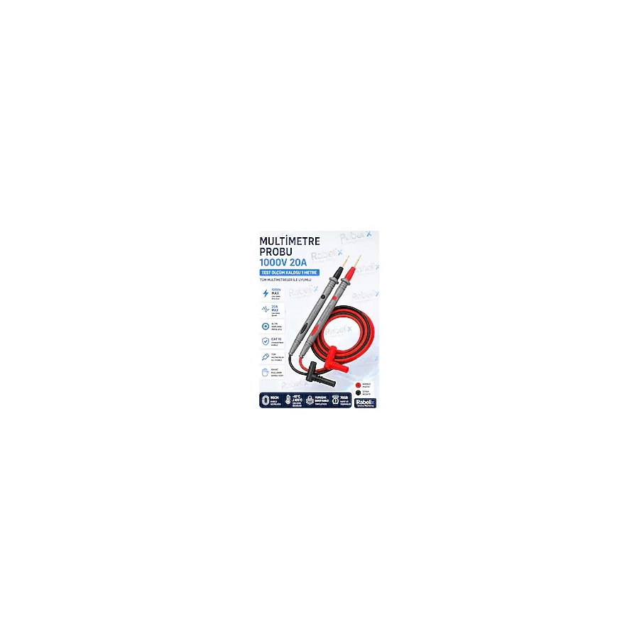 Rabelix Online Marketing Multimetre Probu 1000V 20A Test Ölçüm Kablosu CAT III Altın Uçlu Universal Avometre Voltmetre Ölçüm Prob Seti