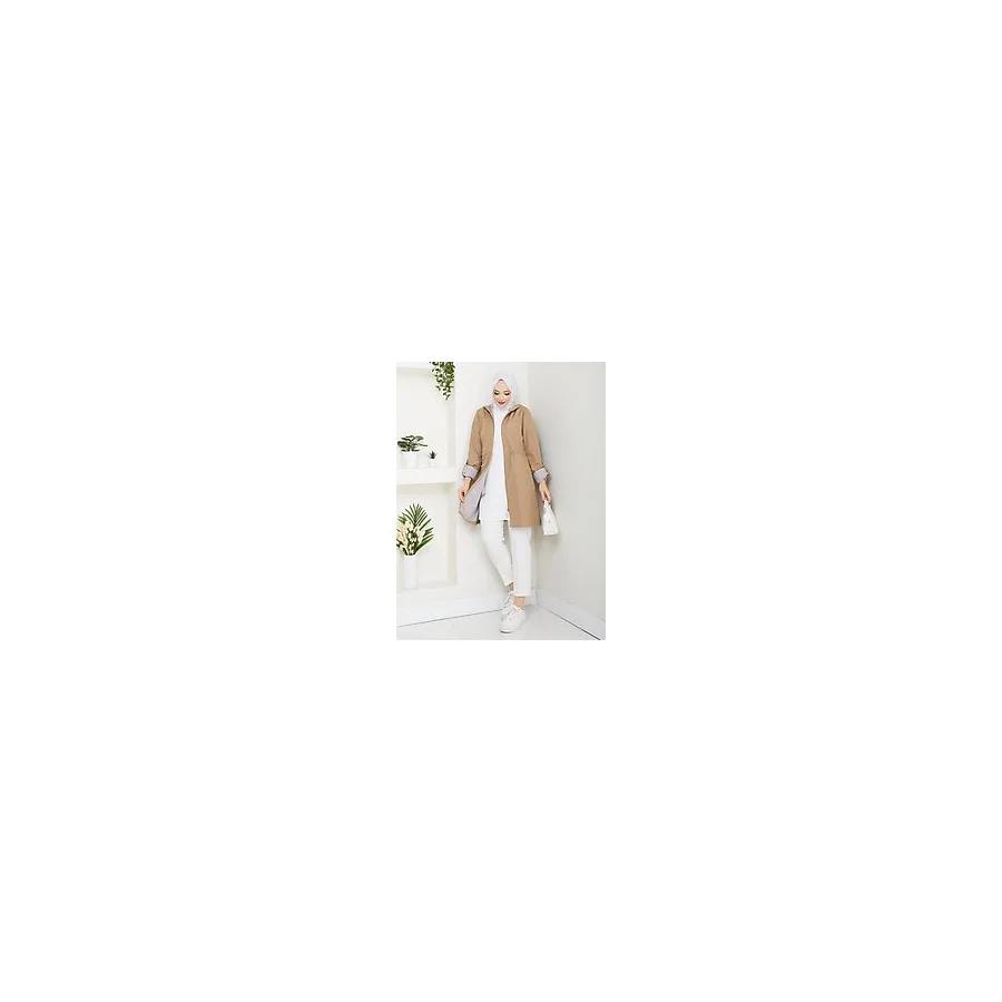 RACE FASHİON Çizgi Desenli Bondit Kumaş Beli Lastikli Kapüşonlu Tesettür Trençkot RC905010