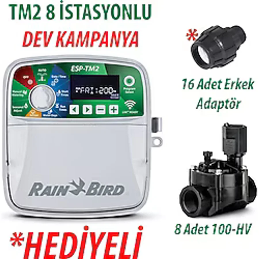 Rain Bird Dış Mekan Tm2-8 İstasyonlu Kontrol Ünitesi ve 8 Adet 100HV Vana Seti