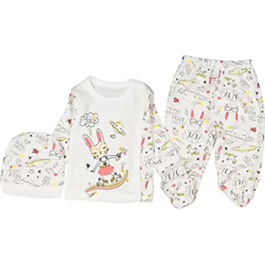 Rakun Baby Tavşan Baskılı 3 Parça Kız Bebek Ekru Renk Takım 218259