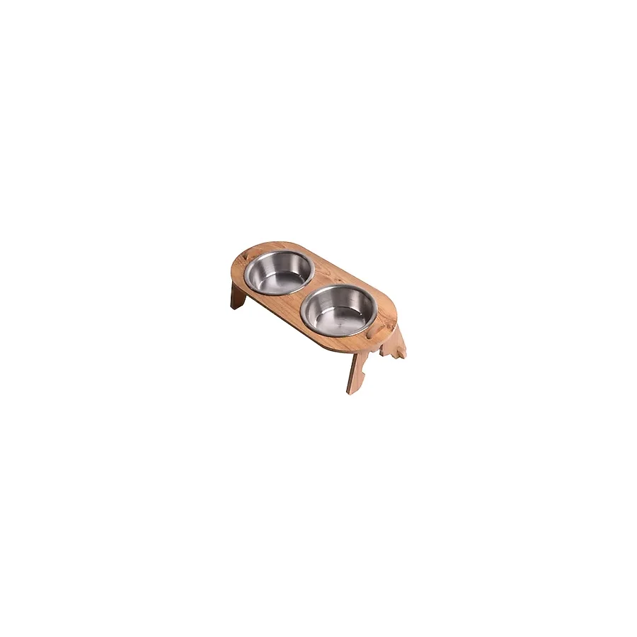 RealWood Kedi & Köpek Su Ve Mama Kabı Standı - Ahşap Mdf - Eğimli Ikili Oval Model-çelik Kase-2x350ml