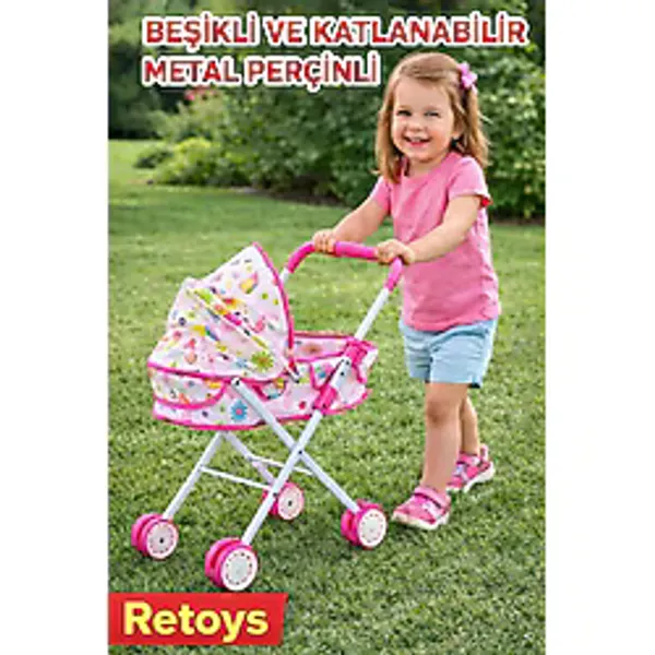 Realx Oyuncak Tenteli Yataklı Metal Puset Katlanabilir Bebek Arabası