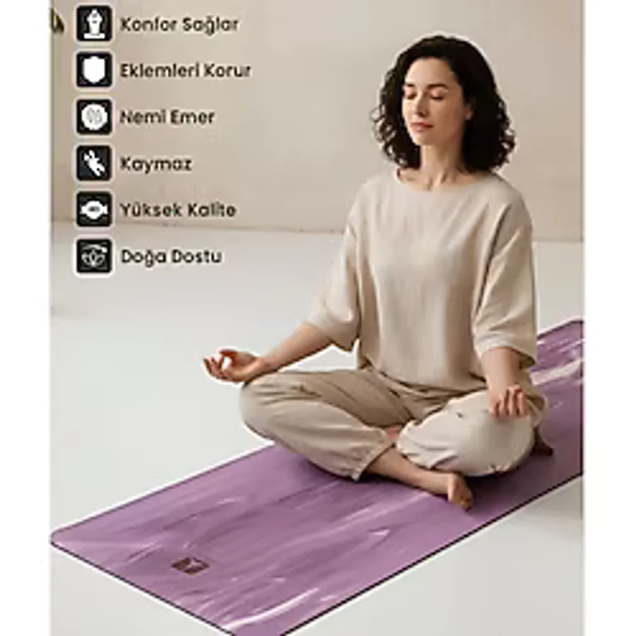 Rebuwo Kaydırmaz Doğal Kauçuk Yoga ve Pilates Matı Mor Desenli Kaymaz Egzersiz Matı