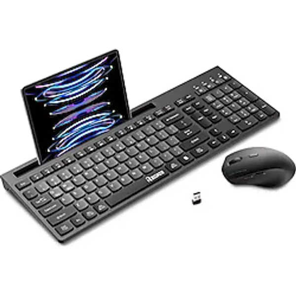 RECCAZR Kablosuz Klavye ve Fare Kombinasyonu, Telefon Tablet Tutuculu 2,4 Ghz Sessiz Kablosuz Bilgisayar Klavyesi, 3 DPI Ayarlanabilir Ergonomik Fare, Mac Windows ile Uyumlu (Gri ve Siyah-B)
