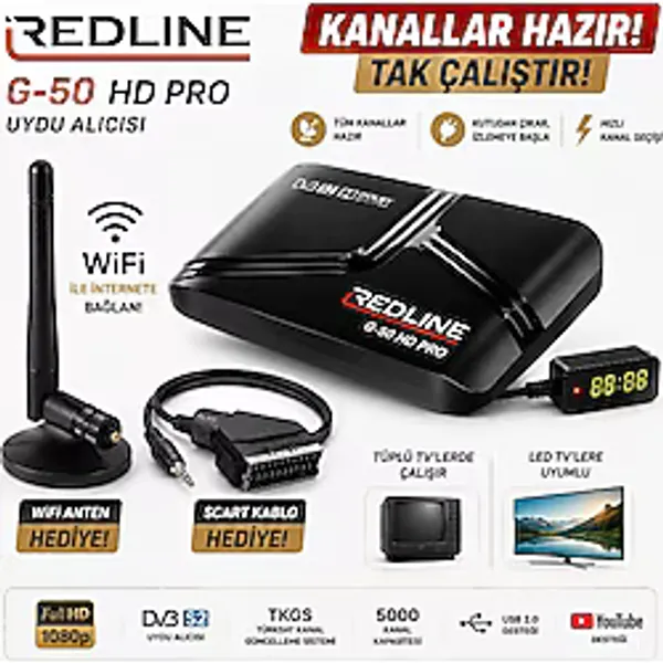 Redline G-50 Hd Pro Full Hd Uydu Alıcısı Tkgs Wifi Youtube 5000 Kanal Tak Çalıştır Tüplü Ve Led Tv Uyumlu