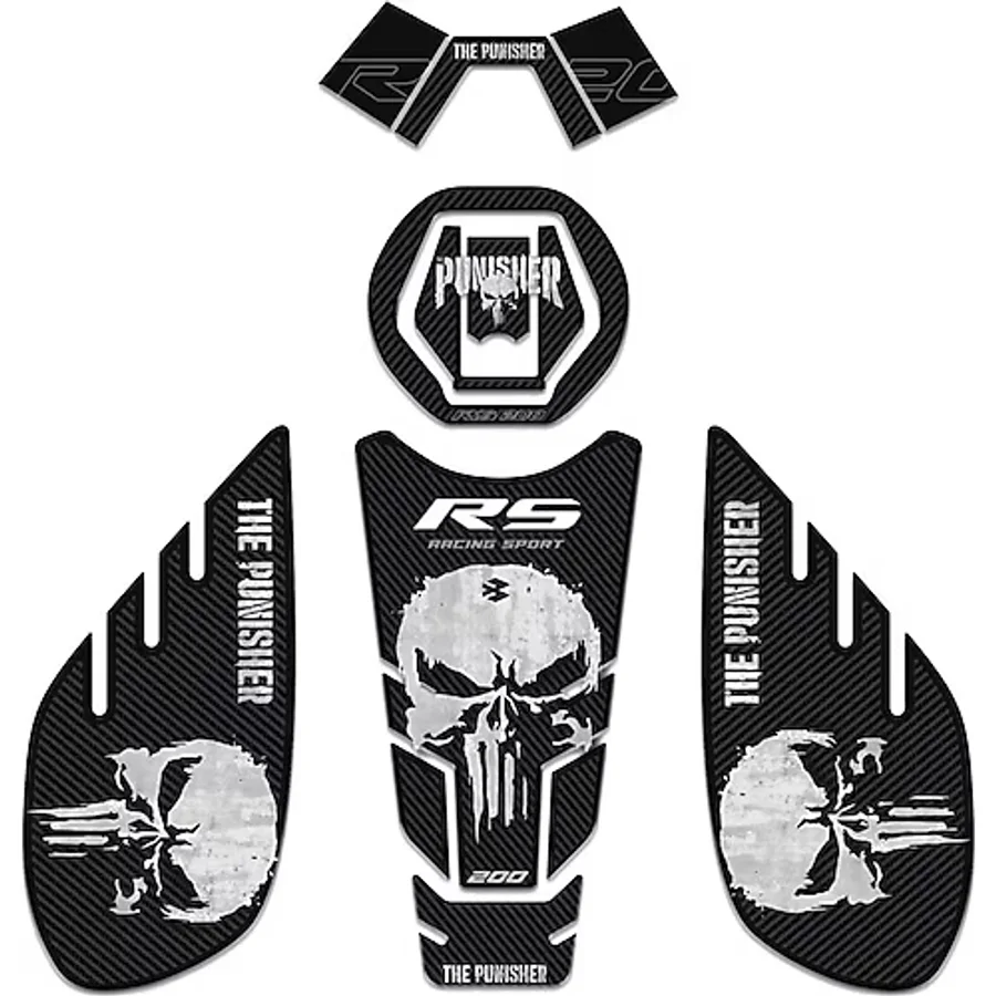 Redline Grafik Bajaj Pulsar RS 200 Siyah Karbon Punisher Edition Gidonlu Tank Pad Set