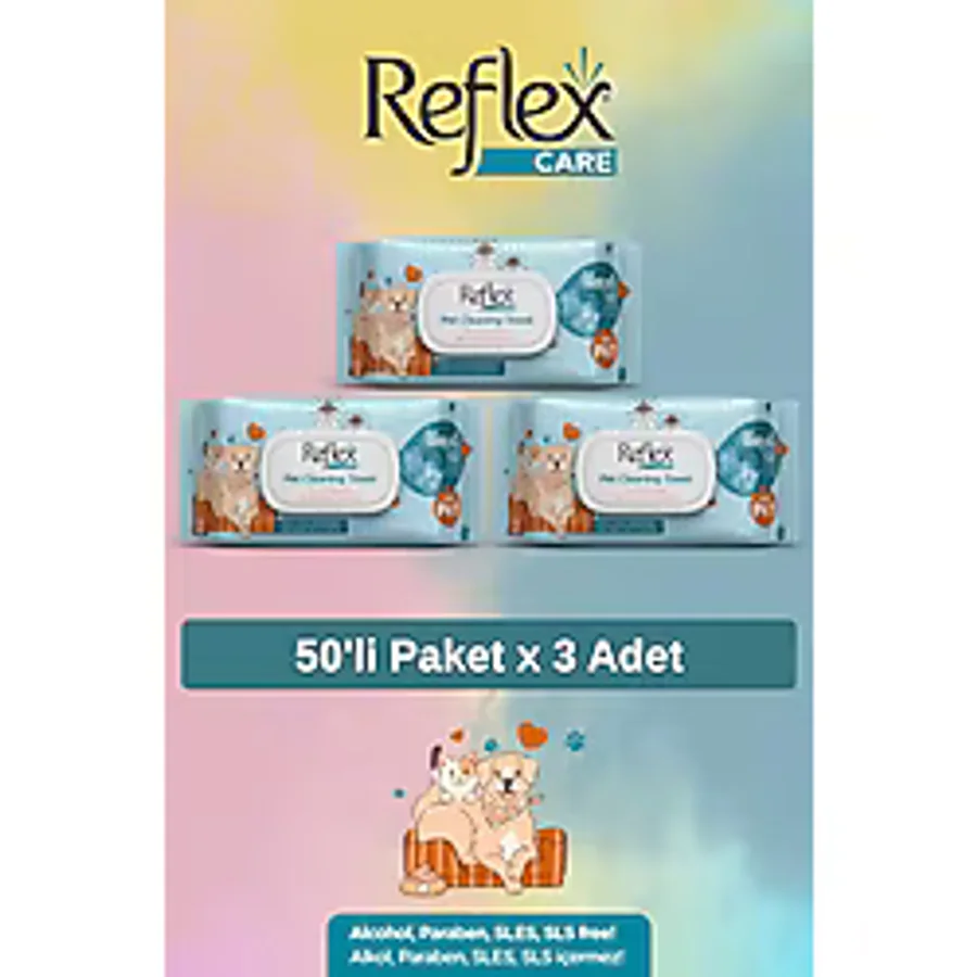 Reflex Care Alaçatı Ice Kokulu Kedi ve Köpekler İçin Çok Amaçlı Temizleme Mendili 50'li x 3 Adet