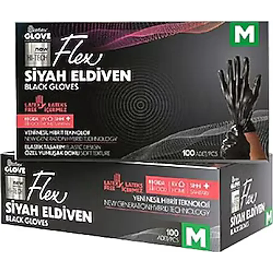 Reflex Glove Flex Pudrasız Hibrit Siyah Orta Boy (M) 100'lü Eldiven