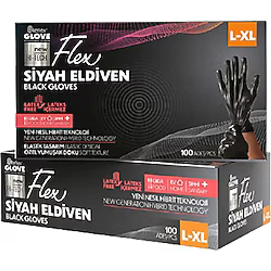 Reflex Pudrasız Tek Kullanımlık Siyah Flex Eldiven L - Xl Beden 100'LÜ