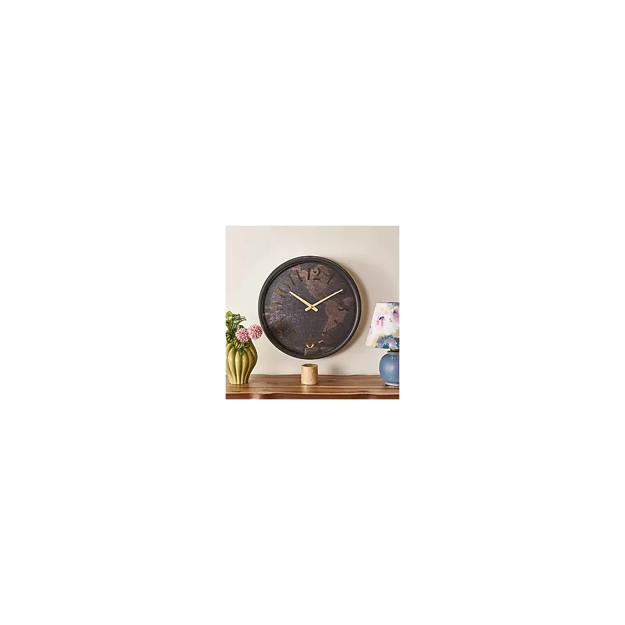 Regal Dünya Haritalı Eskitme Metal Duvar Saati - Kahverengi - 51 cm
