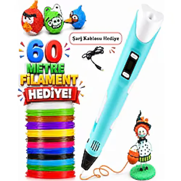 Reidan 60M 3D Yazıcı Kalem 3 Renkli PLA/ABS Filamentler 3D Çizim Yazıcısı Çocuklar/Yetişkinler