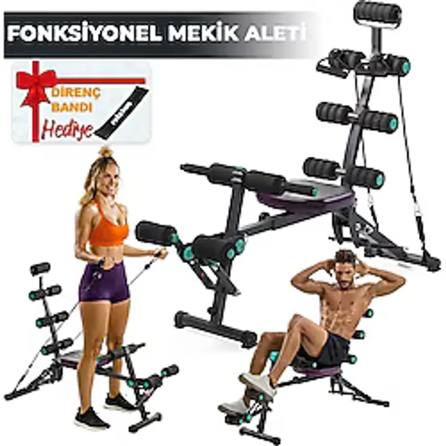 Relaxus Çok Fonksiyonlu Mekik Sehpası Sırt Açılı Ev Fitness Aleti Egzersiz Ekipmanı Direnç Lastiği Hediye - Siyah