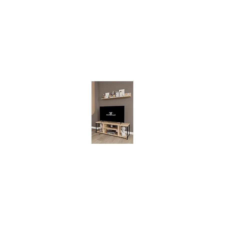 Remaks Jolie 120 Cm Metal Tv Sehpası Raflı Tv Ünitesi Televizyon Sehpası Meşe