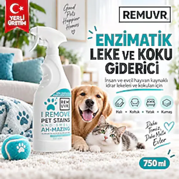 REMUVR Enzimatik Leke Çıkarıcı ve Koku Giderici Sprey 750 ml - Kedi Köpek İdrarı, Halı Koltuk Kumaş