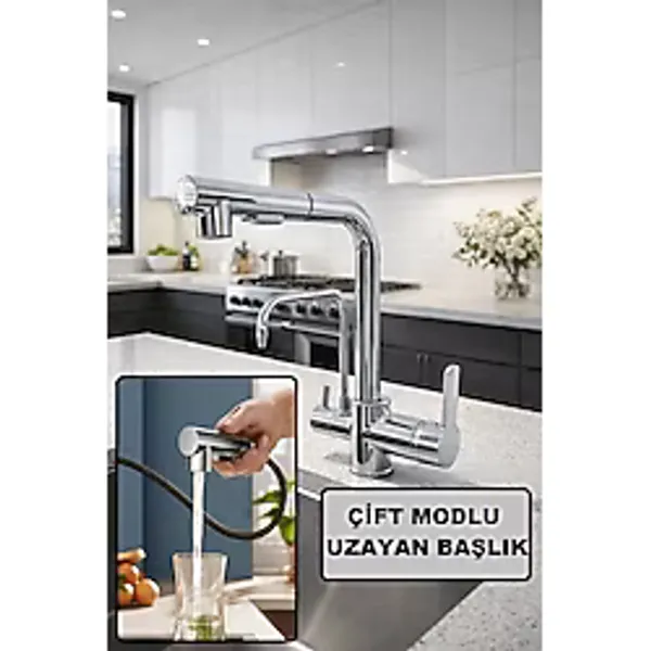 Rena Design Krom Arıtmalı Spiralli 2 Modlu Başlık L Boru Mutfak Evye Bataryası Gümüş Prinç Armatür Musluk