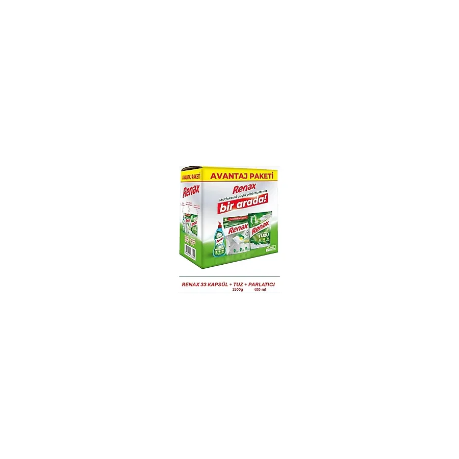 Renax Avantajlı Paket 3 Lü Set Bulaşık Makinesi Kapsülü 33 Lü Tuzu 1,5 Kg Parlatıcı 400 Ml