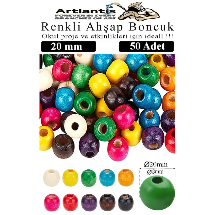 Renkli Ahşap Boncuk 20Mm 50 Li 1 Paket Renkli Ahşap Boyalı Yuvarlak Doğal Boncuklar Saç Takı Tasarım Ektinlik Kreş Okul