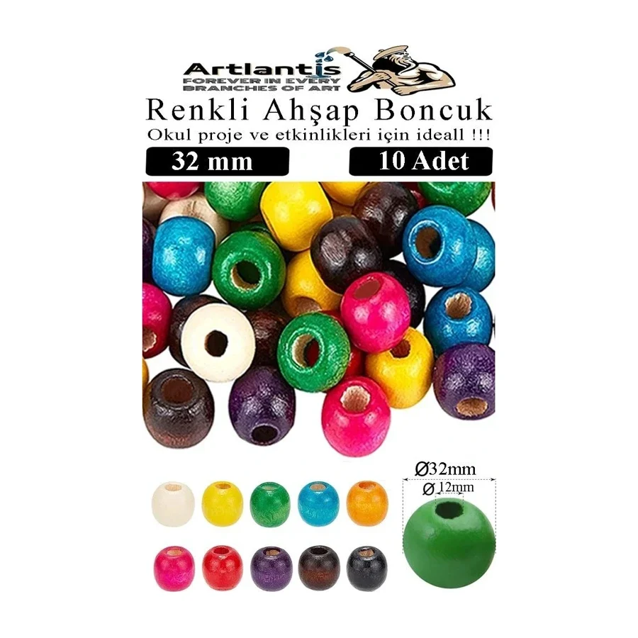 Renkli Ahşap Boncuk 32Mm 10 Lu 1 Paket Renkli Ahşap Boyalı Yuvarlak Doğal Boncuklar Saç Takı Tasarım Ektinlik Kreş Okul