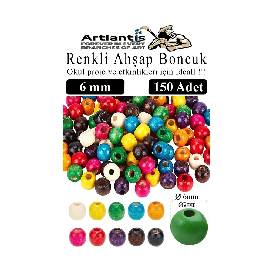Renkli Ahşap Boncuk 6Mm 150 Li 1 Paket Renkli Ahşap Boyalı Yuvarlak Doğal Boncuklar Saç Takı Tasarım Ektinlik Kreş Okul