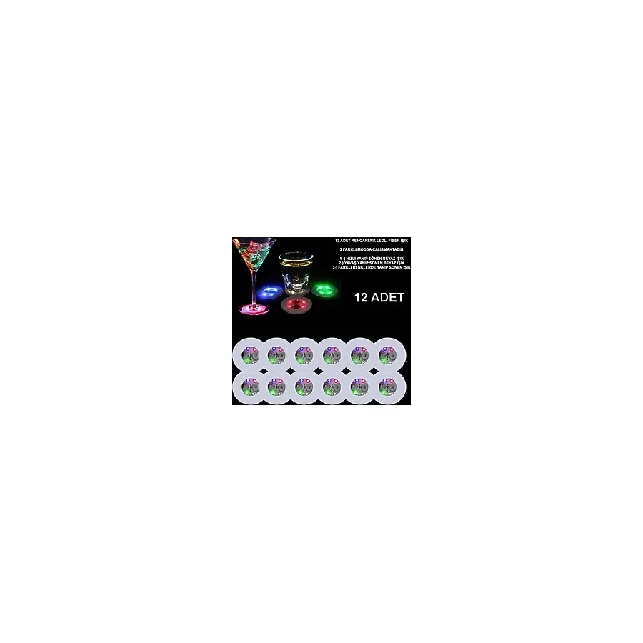 Renkli LED Işıklı Bardak Altlığı - 12 Adet, Pilli