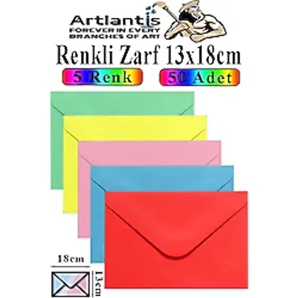 Renkli Zarf 13X18 Cm 50 Adet 5 Renk Mektup Zarfı Davetiye Zarfı Kartpostal Çekiliş Hediye Zarfı