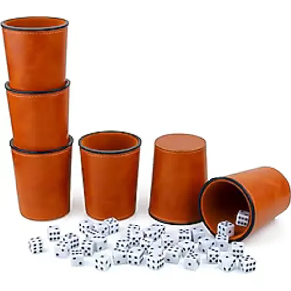 RERIVER Keçe Astarlı PU Deri Zar Bardağı Seti, 6 Sessiz Zar Çalkalayıcı Bardak, 36 Dices Bar, Parti Yahtzee Farkle Zar Oyunları için, Kahverengi