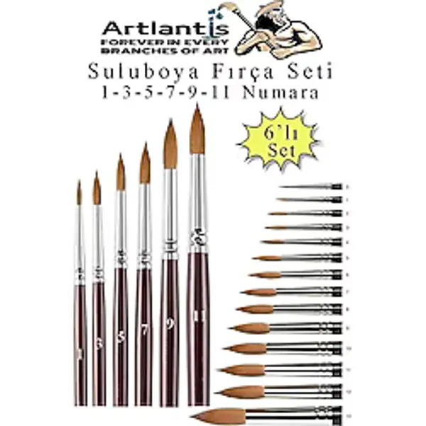 Resim Fırçası 1 - 3 - 5 - 7 - 9 - 11 Numara 1 Paket 6 lı Samur Yuvarlak Uçlu Fırça Seti Guaj Sulu Akrilik Yağlı Boya Fır