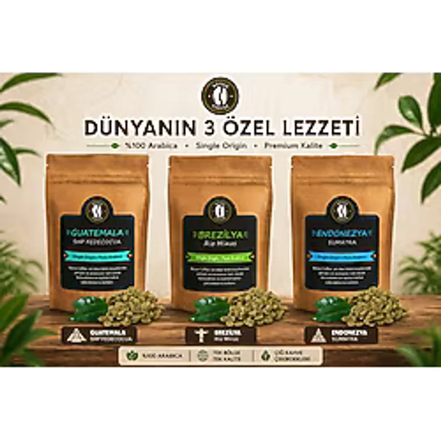 Resso Coffee Guatemala Brezilya Endonezya Çiğ Yeşil Kahve Çekirdeği Arabica 3lü Set - 1 kg