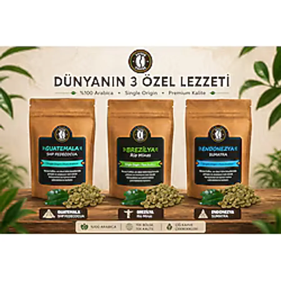 Resso Coffee Guatemala Brezilya Endonezya Çiğ Yeşil Kahve Çekirdeği Arabica 3lü Set - 250 gr