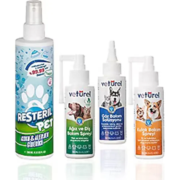 Resteril Kedi Kumu Koku Giderici Köpek İdrar Çiş Kokusu Parfümsüz PET Dezenfektan Sprey 200ml Veturel Kedi Köpek Ağız Bakım Göz Kulak Temizleme Solüsyonu 100ml x3 4'lü Set