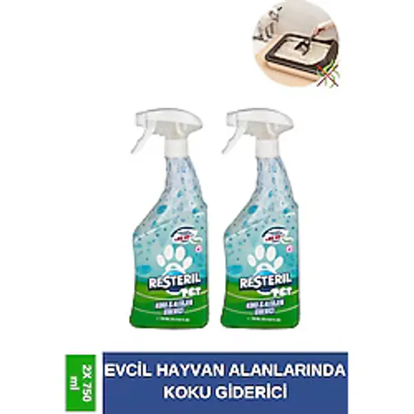 Resteril Pet Köpek Koku Giderici Köpek Çiş Kokusu Giderici Parfümsüz Dezenfektan Sprey Kedi Koku Giderici Mama Su Kabı Hijyen Spreyi 2 x 750 ML