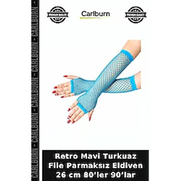 Retro Mavi Turkuaz File Parmaksız Eldiven 26 Cm 80'Ler 90'Lar Tematik Parça Dans Kıyafeti Gece Stili