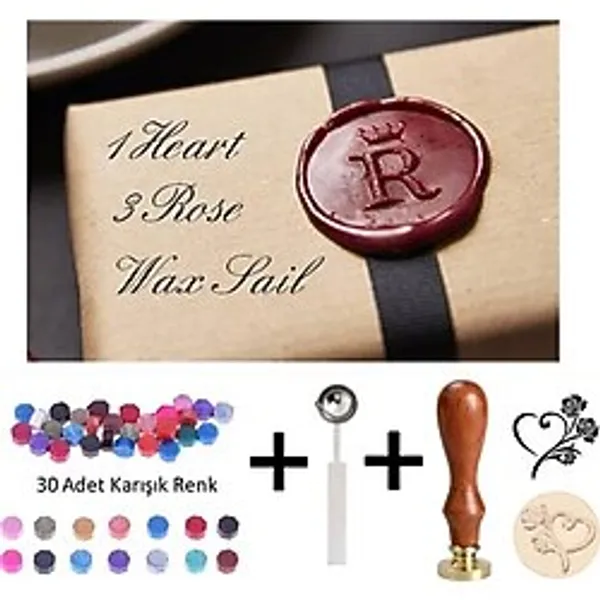 Retro Mektup Mühürü Damga 1 Kalp 3 Gül + 30 Adet Mühür Mumu + Eritme Kaşığı