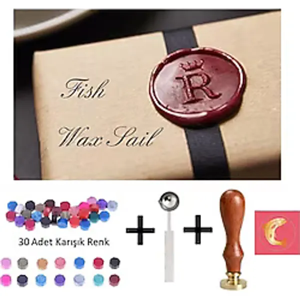 Retro Mektup Mühürü Damga Balık + 30 Adet Mühür Mumu + Eritme Kaşığı