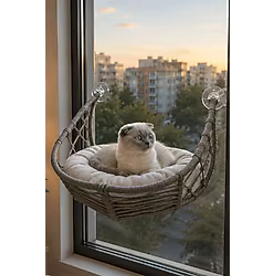 Reyo Lüxperi Hilal Kedi Cam Yatağı & Vantuzlu Cam Yatağı & Kedi Pencere Yatağı Açık Gri