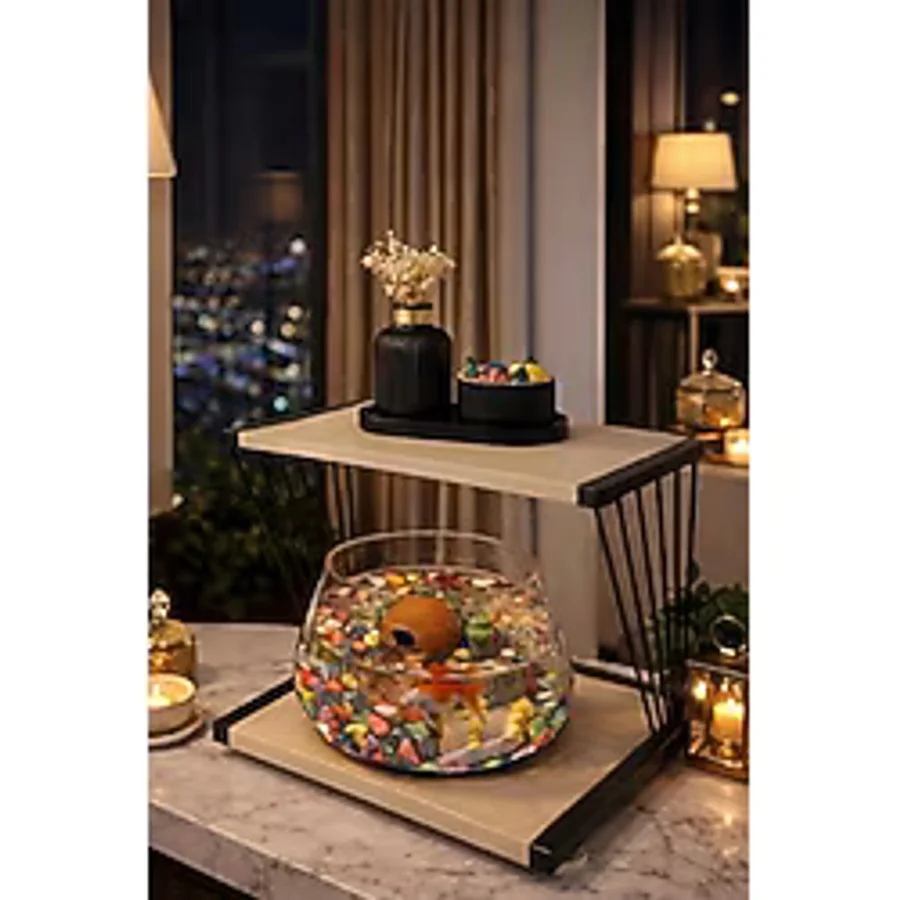 Reyo OK-AY Store Exclusive Işıklı Beta Akvaryum ve Fanus Modern Tasarım LED Aydınlatmalı Modern Temalı Fanus Siyah-Ceviz