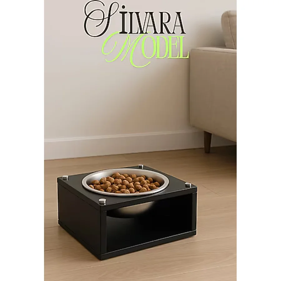 Reyo OK-AY Store Silvara Modern Ahşap Kedi ve Köpek Mama Standı Paslanmaz Çelik Kaseli Mama ve Su Kabı Siyah