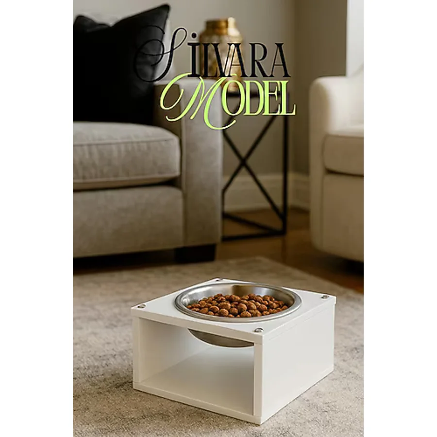Reyo OK-AY Store Silvara Modern Ahşap Kedi ve Köpek Mama Standı Paslanmaz Çelik Kaseli Mama ve Su Kabı Beyaz