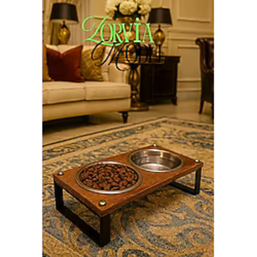 Reyo OK-AY Store Zorvia Paslanmaz Çelik Kedi Köpek Mama ve Su Kabı Standı, %10 Eğimli, Ergonomik, Yükseltilmiş Sağlıklı Beslenme, Siyah-Ceviz
