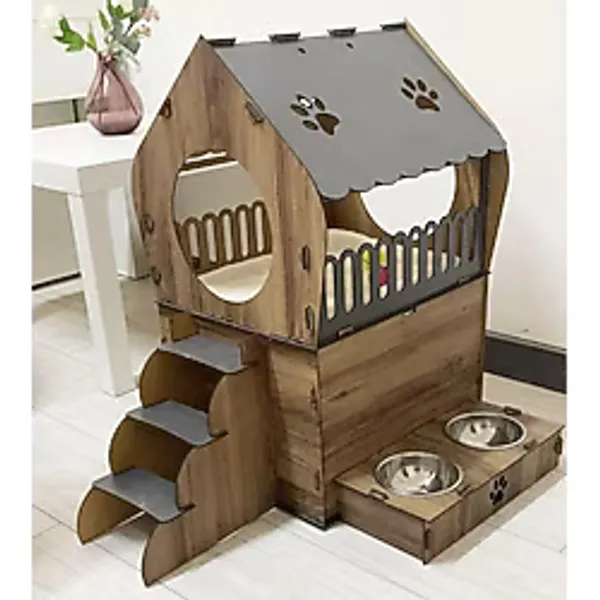Reyo Pet Dekoratif Teraslı Kedi Evi ve Mama Kabı Seti - Kahverengi