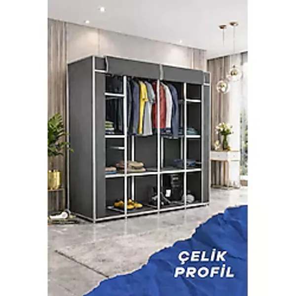 Reyo Teknor Metal Çift Askılı Bez Dolap Gri 155x160x45 cm - Geniş Hacimli Portatif Gardırop, Raflı Kumaş Dolap, Fermuarlı Elbise Düzenleyici