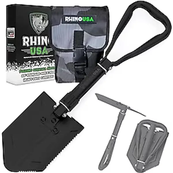 RHINO USA Katlanır Hayatta Kalma Küreği w/Pick - Off Road, Kamp, Bahçe, Plaj, Kum, Çamur ve Kar Kazma için Ağır Hizmet Karbon Çelik Askeri Stil Entrenching Aleti.