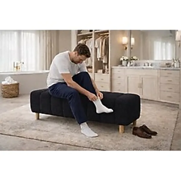 Ringo 12 cm Ahşap Ayaklı Puf Benç Giyinme Odası ,antre,salon 120 cm Uzun Puf Welsoft Kuzu Kumaş - Siyah