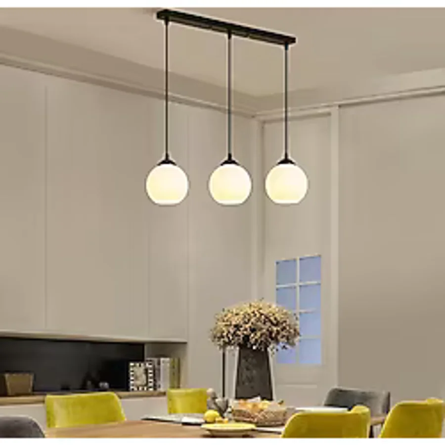 Riolight Modern Masa Üstü Opal Camlı 3XE27 Duylu Siyah Metal Gövde Sarkıt Avize Taban UZUNLUĞU:60CM