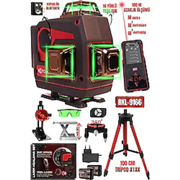 Rkl-9166 Retools 16 Yönlü Hoparlörlü Lazer Hizalama Ve 100 M Lazer Metre (Tripod Ayak Hediyeli)