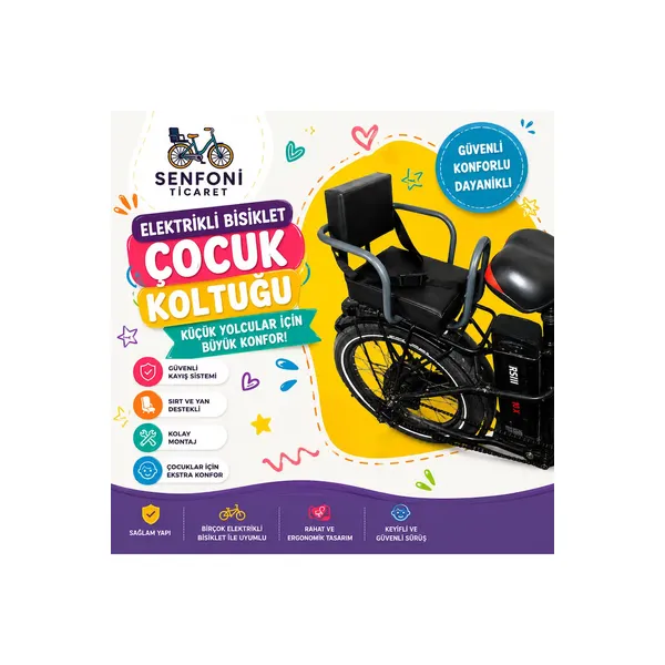 RKS Elektrikli Bisiklet Yan Korumalı Çocuk Koltuğu, Emniyet Kemerli Deri Bisiklet Arka Koltuk