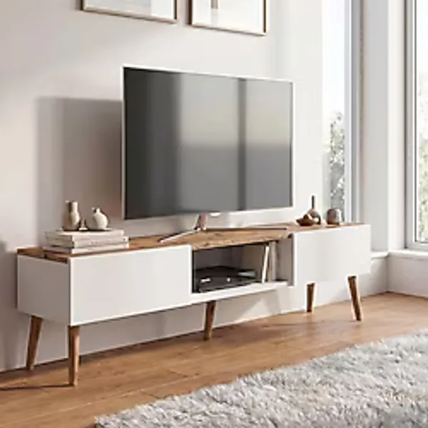 Robeve 140 cm Modern Tv Ünitesi Konsol 2 Kapaklı Ahşap Ayaklı Televizyon Sehpası Salon ve Oturma Odası İçin Şık Tasarımlı Tv Konsolu Televizyon Ünitesi Tv Ünitesi Konsol - Beyaz - Atlantik Çam